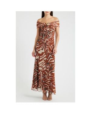 Parker Off The Shoulder Mesh Dress - Brown