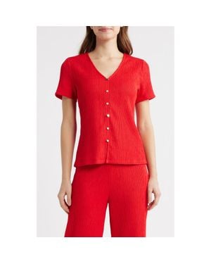 Anne Klein Short Sleeve Knit Button-Up Shirt - Red