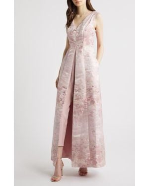 Kay Unger Clark Floral Jacquard Walk Through Jumpsuit - Pink
