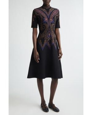 Etro Mock Neck Jacquard Fit & Flare Sweater Dress - Black