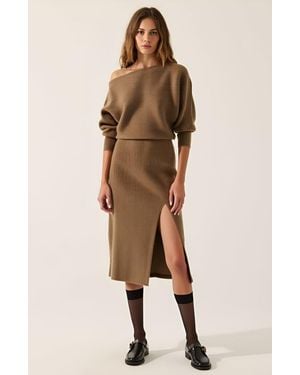 Modenaire Rib-Knit One-Shoulder Dolman Midi Sweater Dress - Natural