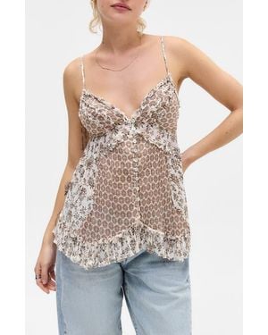 BDG Clara Mix Print Ruffle Trim Top - White