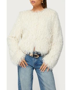 Edikted Aleandra Fringe Faux Fur Crop Jacket - Natural