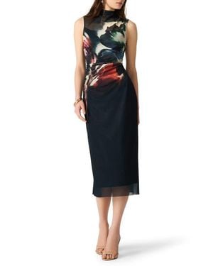 Steve Madden Mo Print Sheer Mock Neck Midi Dress - Black