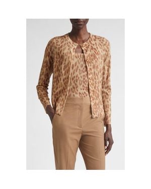 St. John Fine Gauge Leopard Print Wool Blend Cardigan - Brown