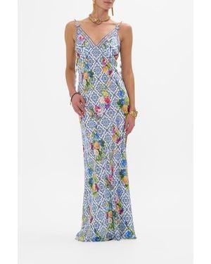 CAMILLA V Neck Full Length Bias Slip Dress Wall To Wall Wonders - Blue