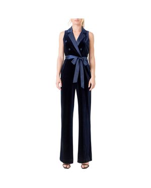 Endless Rose Satin Trim Velvet Jumpsuit - Blue