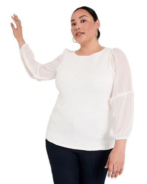 June + Vie Puff Sleeve Smocked Blouse - White