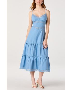 Astr Berenice Lace Detail Tiered Cotton Dress - Blue