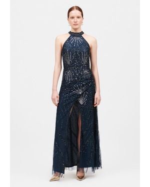 Beauut Occasion Embellished Sequin Beaded Halter Neck Evening Maxi Dress - Blue