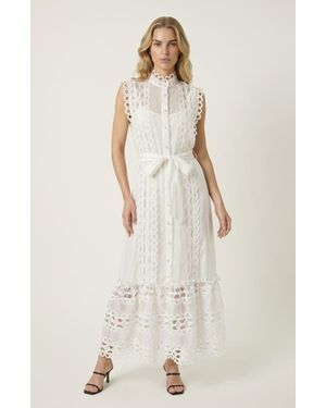 Modenaire Sleeveless High Neck Lace Overlay Dress - Natural