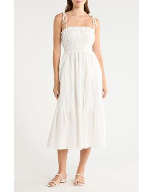 Elan Ruffle Shirred Tie Strap Tiered Cotton Seersucker Cover-Up Sundress - White