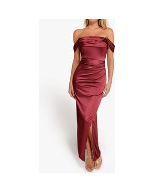 Popilush Liquid Metallic Fabric Off Shoulder Shine Ruched Sculpting Maxi Shapewear Dress - Red