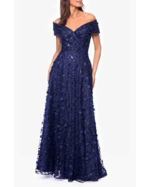 Xscape Evenings Sequin Floral Appliqué Off The Shoulde Gown - Blue