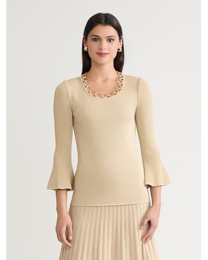 Misook Lurex Crochet Grommet Soft Knit Top - Natural