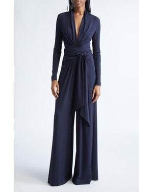 Michael Kors Plunge Neck Tie Waist Palazzo Jumpsuit - Blue