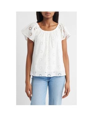 Bobeau Eyelet Cotton Peasant Top - White