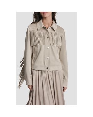 DKNY Fringe Trim Faux Suede Jacket - Gray