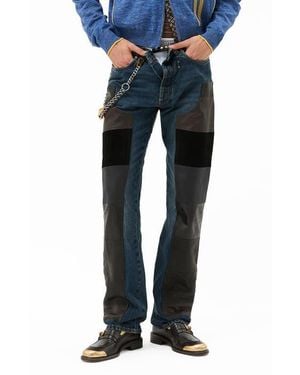 Versace Leather Patchwork Straight Leg Jeans - Blue