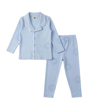 Fragile Lapel Pajama Set, Collared Button Up Top And Elastic Waist Pants - Blue