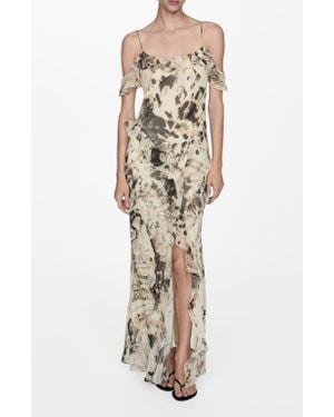 Mango Animal Print Ruffle Cold Shoulder Maxi Dress - Natural