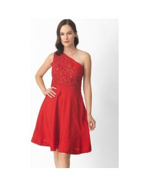 Ras Aerin Raw Silk One-Shoulder Short Dress - Red