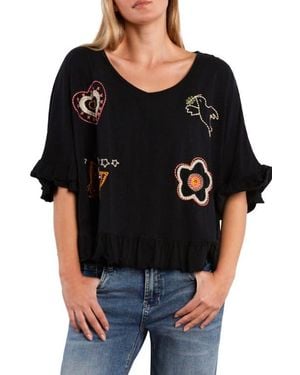 Billy T Worry Free Embroidered Ruffle Cotton Top - Black