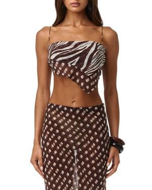 Naked Wardrobe Mixed Print Chiffon Asymmetric Scarf Crop Top - Brown