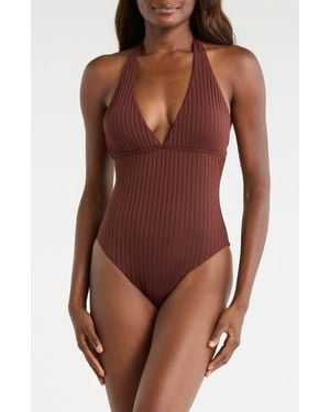 Sanctuary Halter Rib One-Piece Swimsuit - Brown
