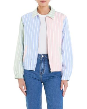 English Factory Sports Club Colorblock Stripe Cotton Blend Zip Jacket - Blue