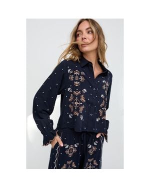 Raffya Anai Half Placket Embroidered Blouse - Blue