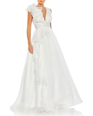 Mac Duggal Ruffle Shoulder V-Neck Chiffon Gown - White