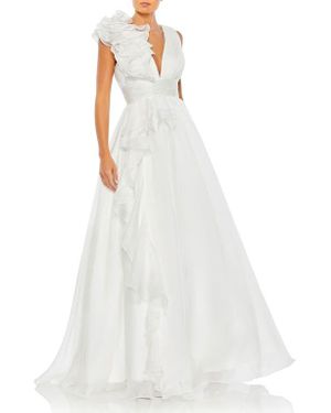 Mac Duggal Ruffle Shoulder V-Neck Chiffon Gown - White