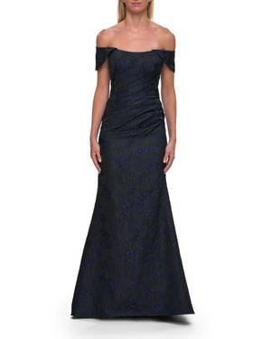 La Femme Off-The-Shoulder Jacquard Evening Gown - Blue