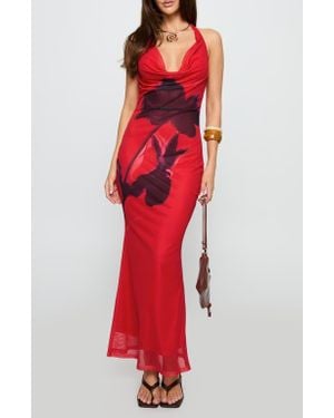 Princess Polly Bittersuite Floral Plunge Cowl Halter Neck Mesh Maxi Dress - Red