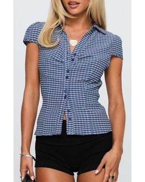Princess Polly Arianwyn Check Cap Sleeve Button-Up Shirt - Blue