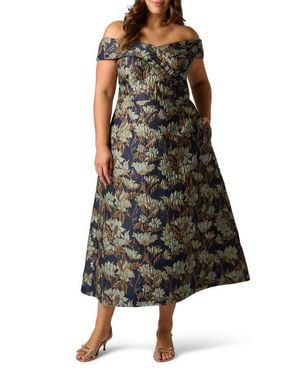 Adrianna Papell Metallic Floral Jacquard Off The Shoulder Gown - Black