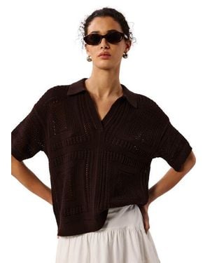 Whistles Open Front Crochet Polo Shirt - Black