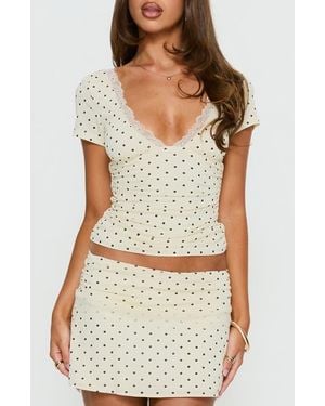 Princess Polly Amia Lace Trim Polka Dot V-Neck Top - White