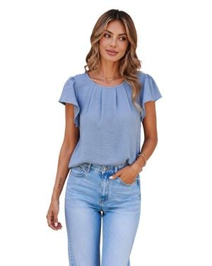 Zilpu Lightweight Pleated Flutter Sleeve Chiffon Blouse - Blue