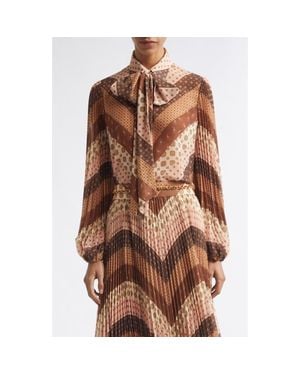 Zimmermann Sunray Chevron Foulard Tie Neck Shirt - Brown