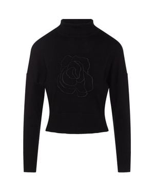 Versatile Cropped Embroidered Turtle Neck Knit Sweater - Black