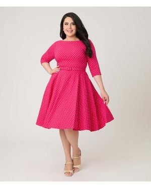 Unique Vintage Plus Size Three Quarter Sleeve Belted Devon Swing Dress - Pink