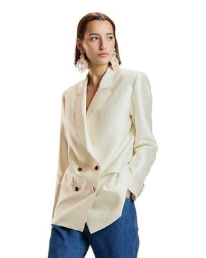 Cynthia Rowley Silk Wool Double Breasted Blazer - Natural