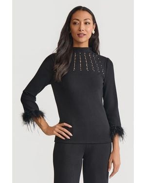 Ming Wang Embellished High Neck Soft Knit Top - Black