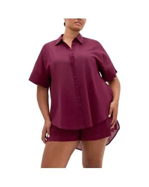 City Chic Oversize Longline Cotton Button-Up Shirt - Purple