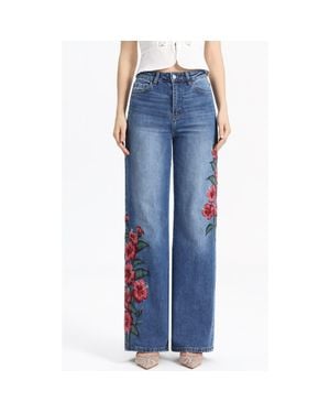 Bayeas Floral Embroidered High Waist Straight Leg Jeans - Blue