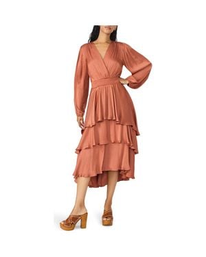 Steve Madden Bei Long Sleeve Tiered Satin Midi Dress - Orange