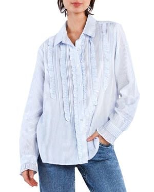 Wash Lab Denim Ruffle Stripe Tuxedo Shirt - White