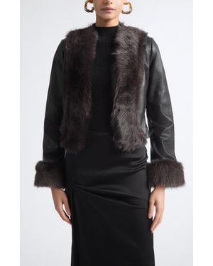 Nour Hammour Sofie Leather Jacket With Genuine Shearling Trim - Black